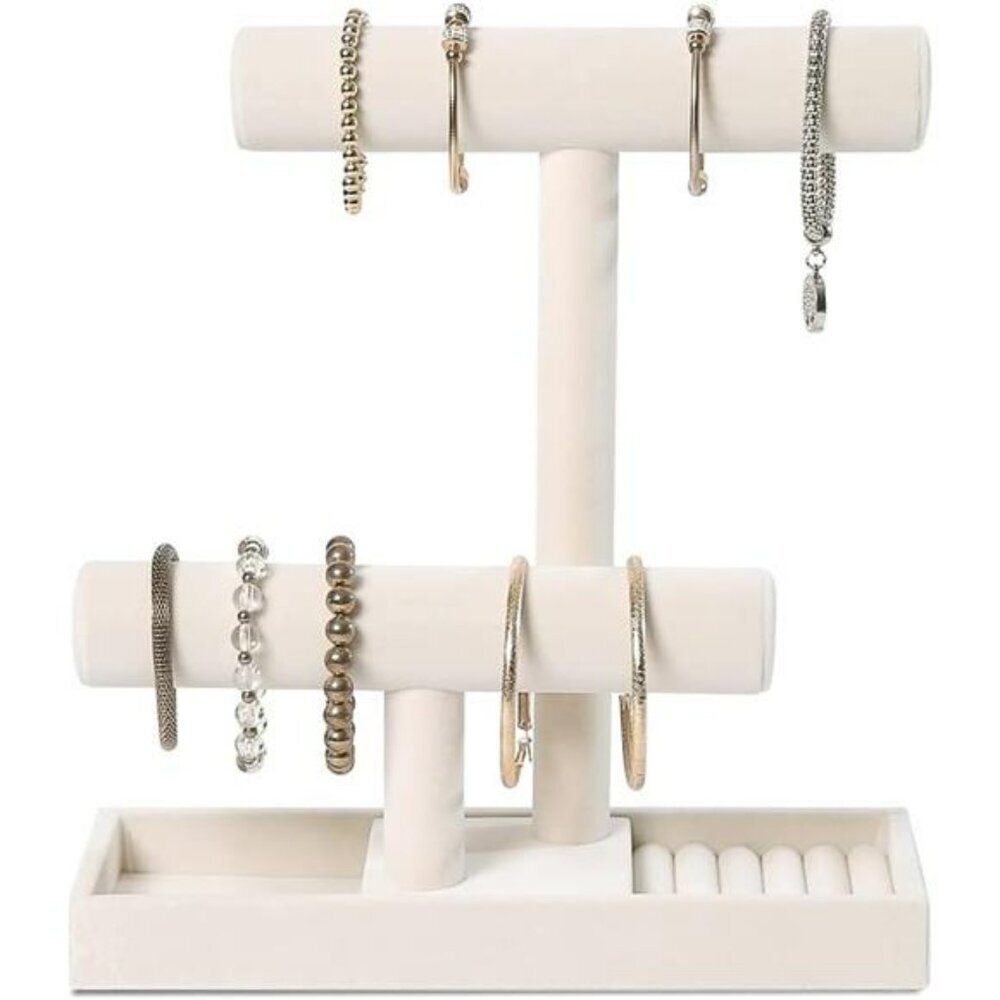 Velvet 2 Tier Jewelry Organizer Stand for Necklace Bracelet Earring Ring Tray